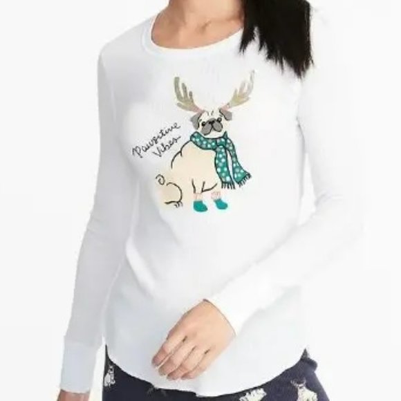 Old Navy "Pawsitive Vibes" Winter Pug Thermal Knit Graphic Top - Last one! - L - Picture 1 of 6